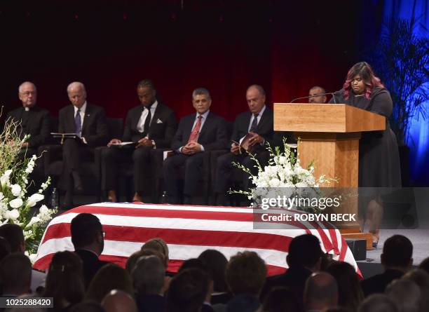 Bridget McCain speaks at the North Phoenix Baptist Church during a memorial service for her father Sen. John McCain, on August 30 in Phoenix,...