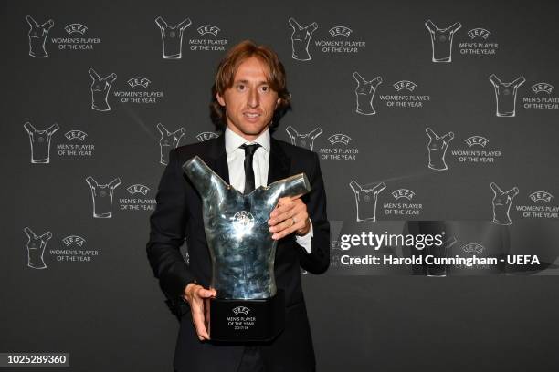 Player of the Year Award winner Luka Modric with the award following the Champions League Group Stage draw part of the UEFA ECF Season Kick Off...