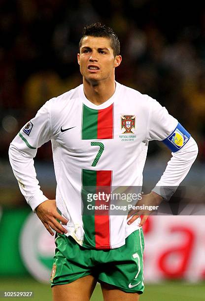 Cristiano Ronaldo of Portugal reacts during the 2010 FIFA World Cup South Africa Round of Sixteen match between Spain and Portugal at Green Point...