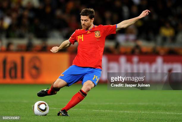 Xabi Alonso of Spain in action during the 2010 FIFA World Cup South Africa Round of Sixteen match between Spain and Portugal at Green Point Stadium...