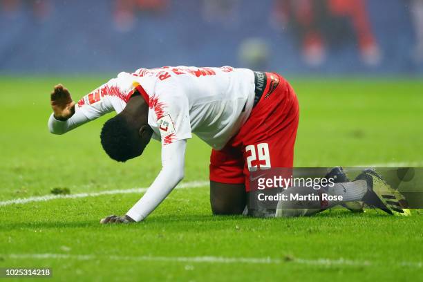 Jean-Kevin Augustin of Leipzig reacts during the UEFA Europa League Qualifying Play-Off second leg match between RB Leipzig and Zorya Luhansk at Red...