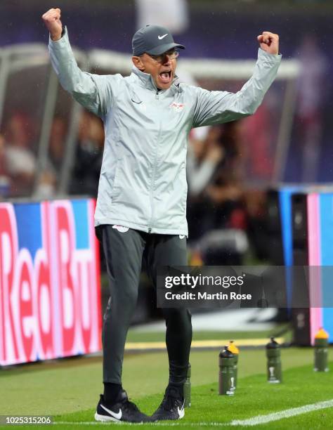 Head coach Ralf Rangnick of Leipzig reacts during the UEFA Europa League Qualifying Play-Off second leg match between RB Leipzig and Zorya Luhansk at...