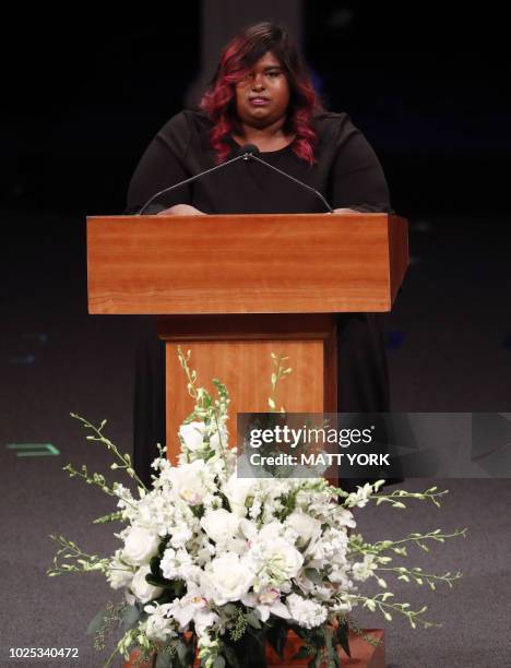 Bridget McCain speaks at the North Phoenix Baptist Church during a memorial service for her father Sen. John McCain, on August 30 in Phoenix,...