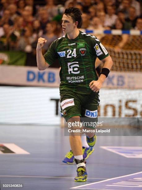 Frederik Simak of Fuechse Berlin during the game between Fuechse Berlin and GWD Minden at the Max-Schmeling-Halle on august 30, 2018 in Berlin,...