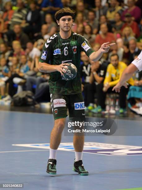 Jacob Tandrup Holm of Fuechse Berlin during the game between Fuechse Berlin and GWD Minden at the Max-Schmeling-Halle on august 30, 2018 in Berlin,...