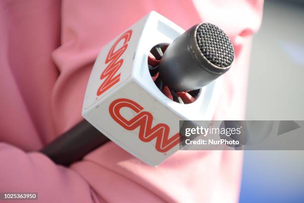 Presenter is seen during the 2018 NATO Summit in Brussels, Belgium on July 11, 2018.