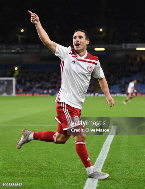 Daniel Podence of Olympiakos celebrates after scoring during the UEFA Europa League qualifing second leg play off match between Burnley and...