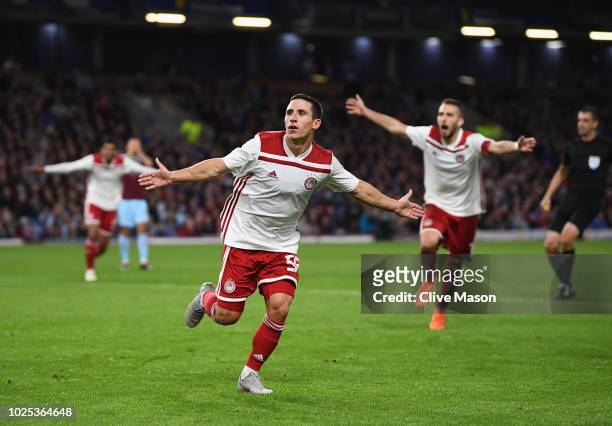 Daniel Podence of Olympiakos celebrates after scoring during the UEFA Europa League qualifing second leg play off match between Burnley and...