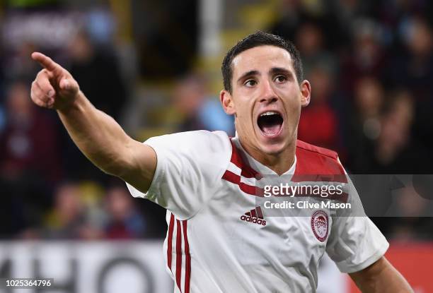 Daniel Podence of Olympiakos celebrates after scoring during the UEFA Europa League qualifing second leg play off match between Burnley and...