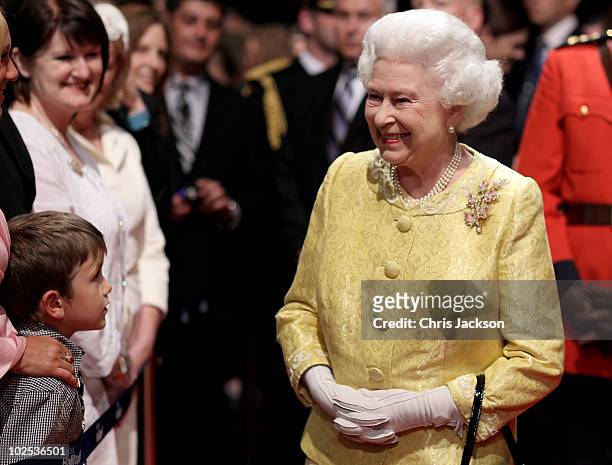 Queen Elizabeth II attends a reception for "A Celebration of Novia Scotia" at the Cunard Centre on June 29, 2010 in Halifax, Canada. The Queen and...