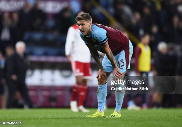 Jeff Hendrick of Burnley looks dejected at the end of the UEFA Europa League qualifing second leg play off match between Burnley and Olympiakos at...