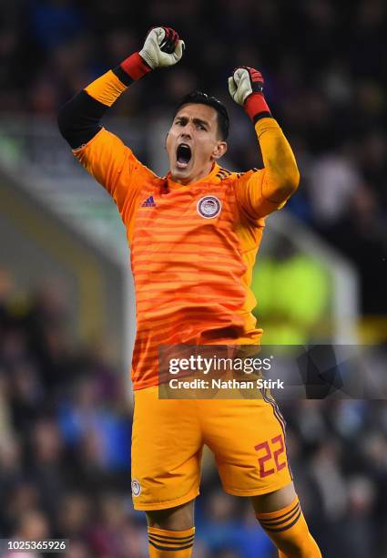 Andreas Gianniotis of Olympiakos celebrates during the UEFA Europa League qualifing second leg play off match between Burnley and Olympiakos at Turf...