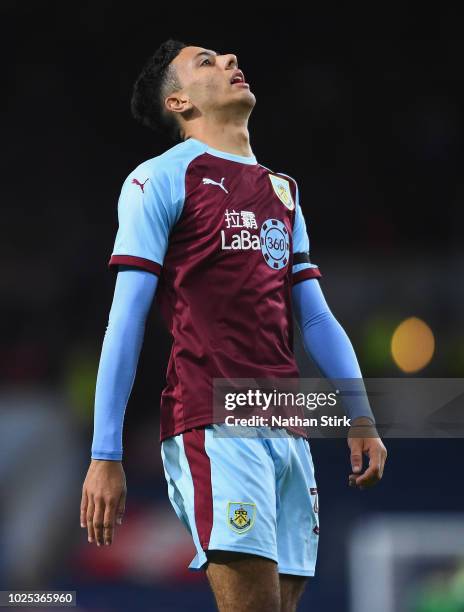 Dwight McNeil of Burnley shows his frustration during the UEFA Europa League qualifing second leg play off match between Burnley and Olympiakos at...