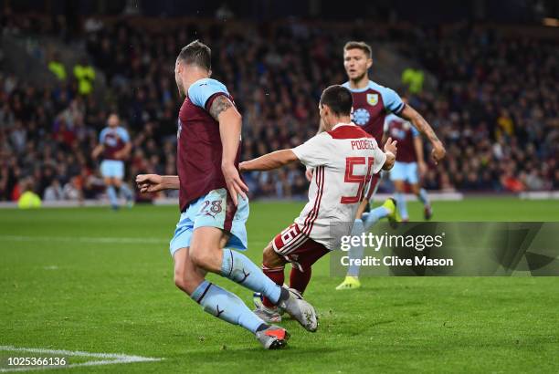 Daniel Podence of Olympiakos scores during the UEFA Europa League qualifing second leg play off match between Burnley and Olympiakos at Turf Moor on...