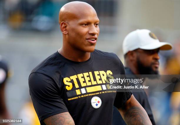 Ryan Shazier of the Pittsburgh Steelers looks on before a preseason game against the Carolina Panthers on August 30, 2018 at Heinz Field in...