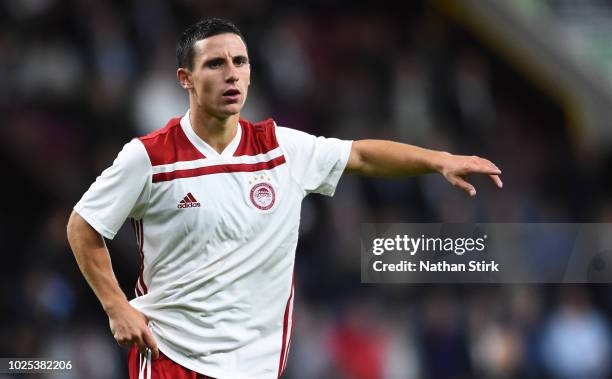 Daniel Podence of Olympiakos gives instructions to his team mates during the UEFA Europa League qualifing play-off second leg match between Burnley...