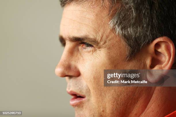 Giants coach Leon Cameron talks to media during a Greater Western Sydney Giants AFL training session at the WestConnex Centre on August 31, 2018 in...