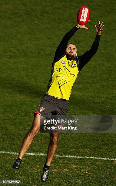Rhyce Shaw marks during a Sydney Swans training session at the SCG on June 30, 2010 in Sydney, Australia.