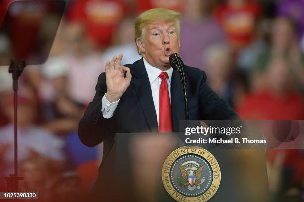 President Donald Trump delivers remarks at a campaign rally at the Ford Center on August 30, 2018 in Evansville, Indiana. The president was in town...