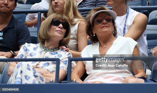 Anna Wintour, Lynette Federer, mother of Roger Federer of Switzerland attend his match in his player's box during day 4 of the 2018 tennis US Open on...