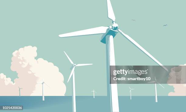 turbine windparks auf hoher see - windenergie stock-grafiken, -clipart, -cartoons und -symbole