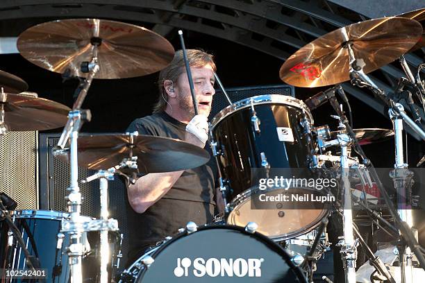 Phil Rudd of AC/DC performs on stage on the first day of the Download Festival at Donington Park on June 11, 2010 in Derby, England.