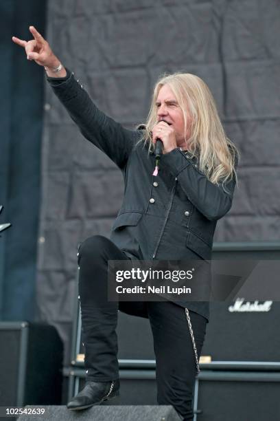 Biff Byford of Saxon performs on stage on the last day of the Download Festival at Donington Park on June 13, 2010 in Castle Donington, England.