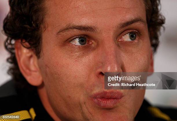 Elano talks to the media as it is announced that he has suffered bone bruising and the team doctor doesn't know when he will be fit to play during...