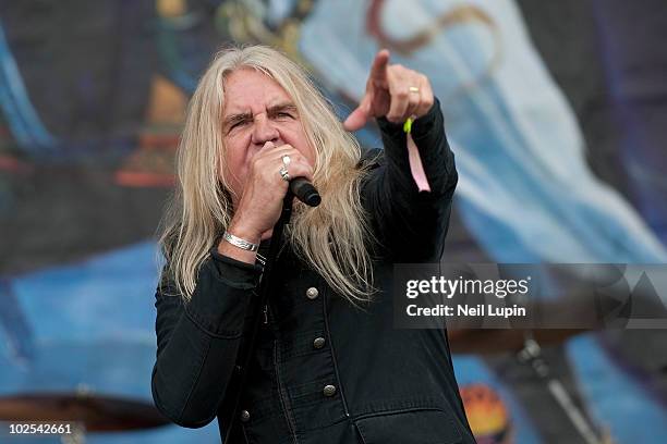 Biff Byford of Saxon performs on stage on the last day of the Download Festival at Donington Park on June 13, 2010 in Castle Donington, England.