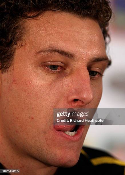 Elano talks to the media as it is announced that he has suffered bone bruising and the team doctor doesn't know when he will be fit to play during...