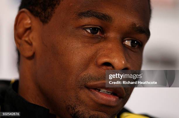 Juan talks to the media during the Brazil team press conference at The Fairways Hotel on June 30, 2010 in Johannesburg, South Africa. Brazil will...
