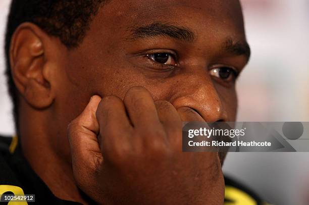 Juan talks to the media during the Brazil team press conference at The Fairways Hotel on June 30, 2010 in Johannesburg, South Africa. Brazil will...