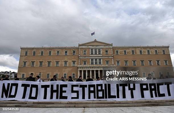 Protesters hold a banner in front of the Greek Parliament in Athens on February 11 demonstrating against the European Union's Growth and Stability...