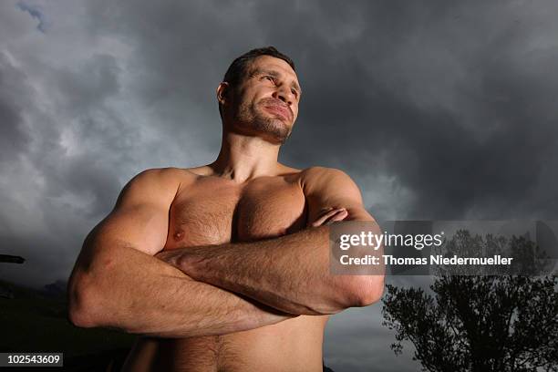 Heavyweight boxing champion Vitali Klitschko poses during a photocall at the Stanglwirt Hotel on May 12, 2010 in Going, Germany.