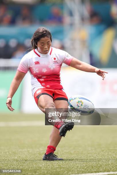 Okuroda Yume of Japan in action during Rugby Sevens Women's Preliminary Round Group B match between Japan and Thailand at GBK Rugby Field on day...