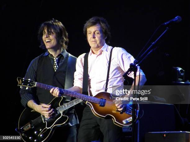 Rusty Anderson and Paul McCartney perform on stage on the last day of Hard Rock Calling 2010 at Hyde Park on June 27, 2010 in London, United Kingdom.