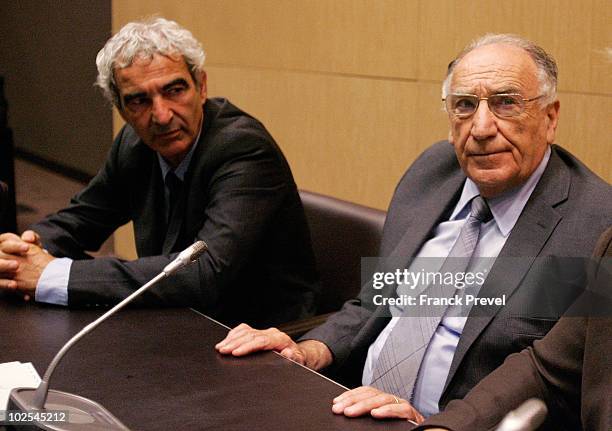 France national team coach Raymond Domenech and ex-French Football Federation president Jean-Pierre Escalettes attend a hearing in front of the...