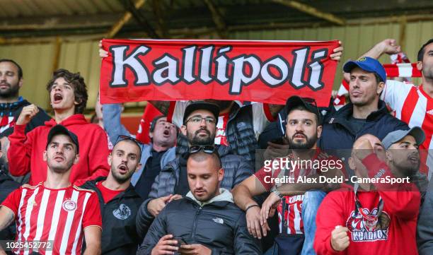 Olympiakos fans in fine voice before the match during the UEFA Europa League Qualifying Second Leg match between Burnley and Olympiakos at Turf Moor...