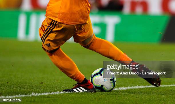 Olympiakos' Andreas Gianniotis takes a goal kick during the UEFA Europa League Qualifying Second Leg match between Burnley and Olympiakos at Turf...