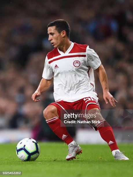 Daniel Podence of Olympiakos in action during the UEFA Europa League qualifing play-off second leg match between Burnley and Olympiakos at Turf Moor...
