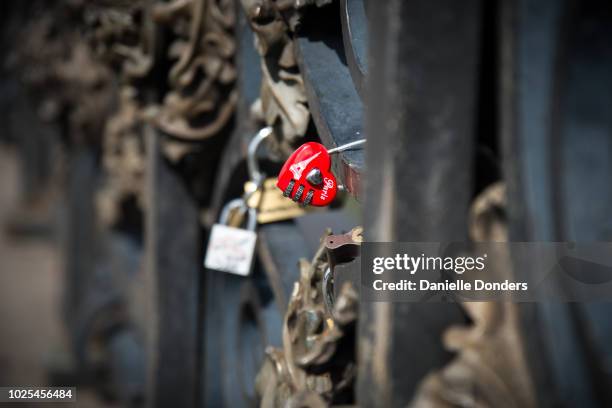 love locks on pont neuf in paris, france - love padlocks stock pictures, royalty-free photos & images