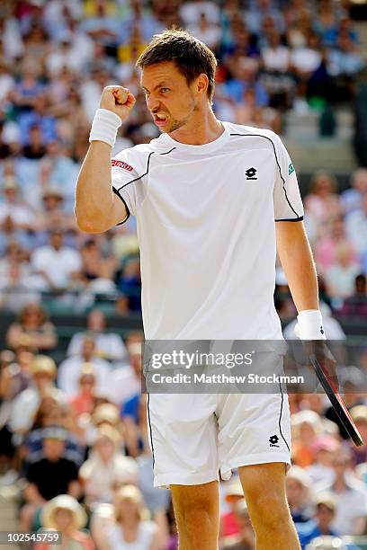 Robin Soderling of Sweden celebrates a point during his Quarter Final match against Rafael Nadal of Spain on Day Nine of the Wimbledon Lawn Tennis...