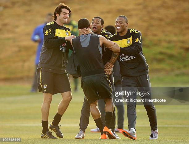 Kaka, Robinho, Julio Baptista and Luis Fabiano fool around during the Brazil team training session at St Stithians College on June 30, 2010 in...