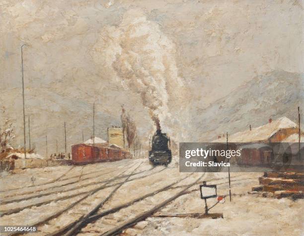 illustrations, cliparts, dessins animés et icônes de peinture à l’huile - locomotive à vapeur dans la neige de l’hiver - peinture à lhuile image peinte