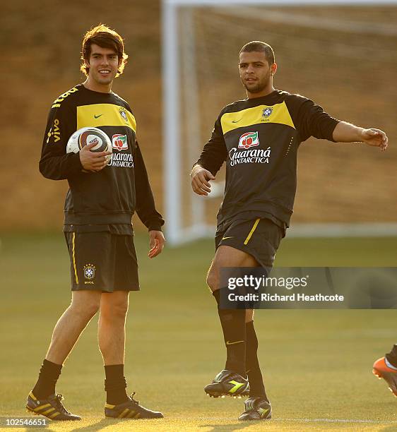 Kaka and Felipe Melo in action during the Brazil team training session at St Stithians College on June 30, 2010 in Johannesburg, South Africa. Brazil...