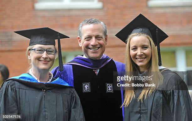 Meryl Streep, William A. Plapinger, Chair Board of Trustees, and Lisa Kudrow attend the Vassar College commencement at Vassar College on May 23, 2010...