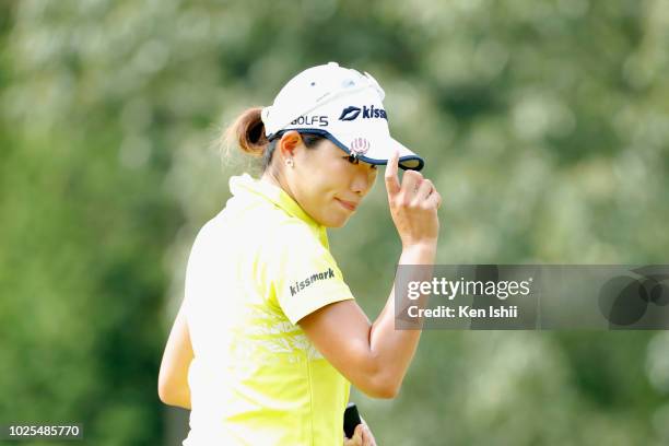 Narumi Yamada of Japan reacts on the first green during the first round of the Golf5 Ladies at Mizunami Country Club on August 31, 2018 in Mizunami,...