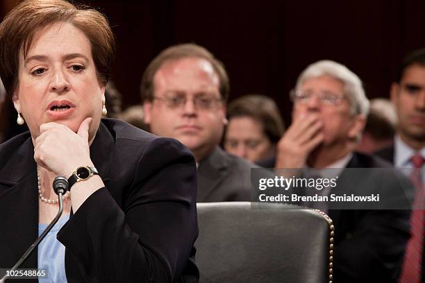 Supreme Court nominee Elena Kagan pauses while answering a question from members of the Senate Judiciary Committee on the third day of her...