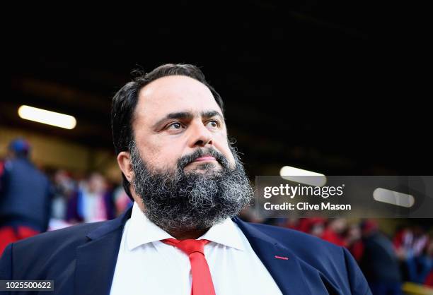 Owner of Olympiakos and Nottingham Forest Vangelis Marinakis looks on before the UEFA Europa League qualifing second leg play off match between...