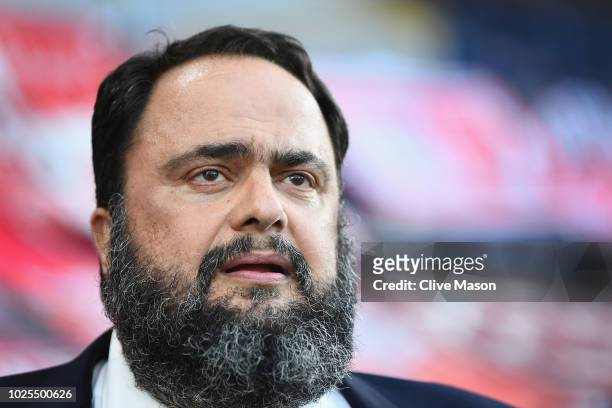 Owner of Olympiakos and Nottingham Forest Vangelis Marinakis looks on before the UEFA Europa League qualifing second leg play off match between...